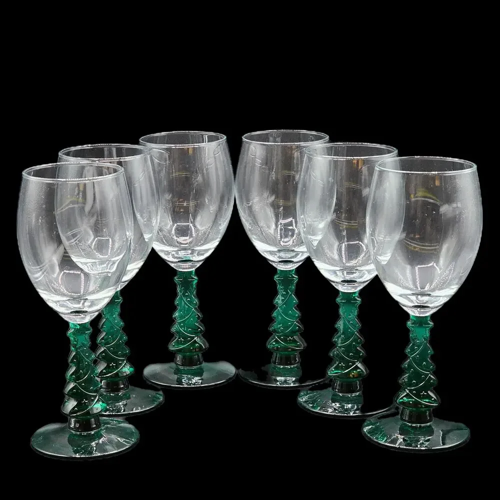Libbey Green Christmas Tree Stem Wine Glasses Vintage Holiday Set